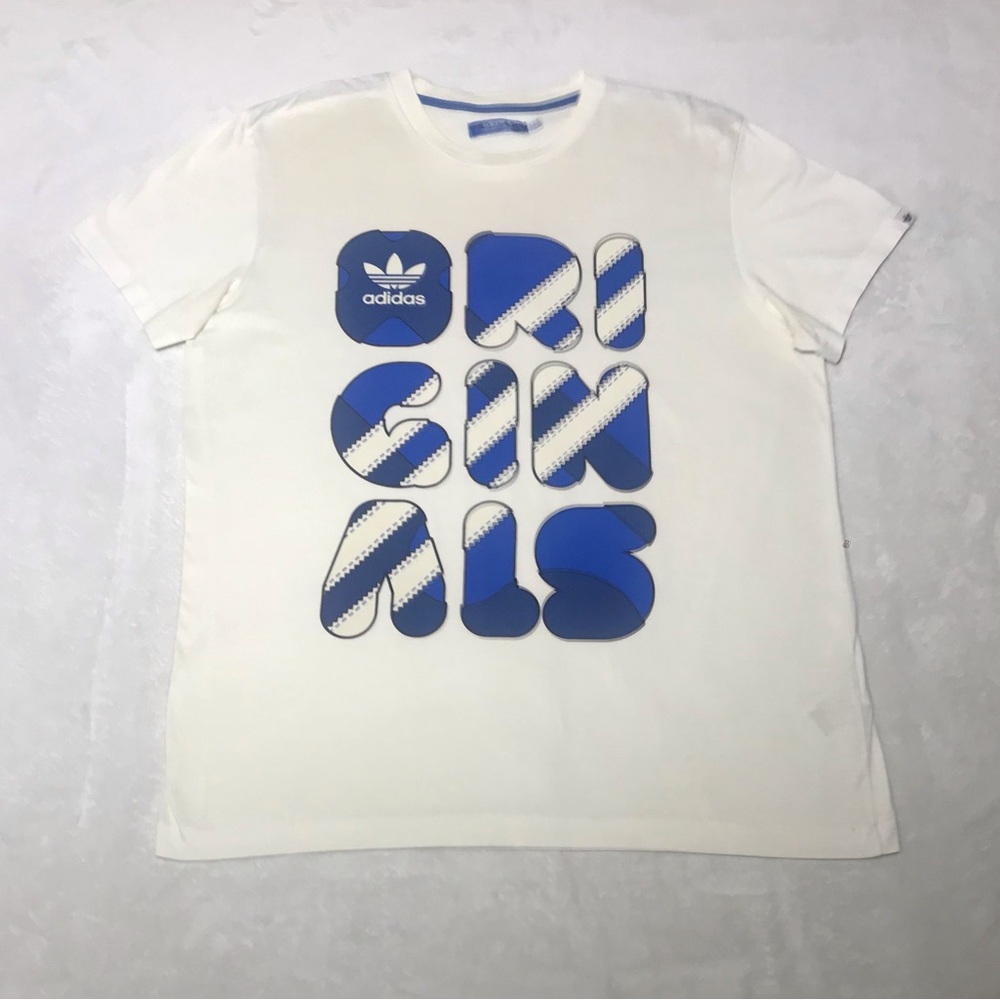 Adidas Men’s White Graphic Logo T‑Shirt with Blue Print